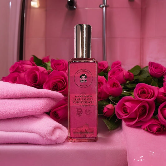 "Pink Octopus Scents" Perfume bottle spray, Chocolate Perfume, Gourmand perfume, chocolate and roses, rose towels